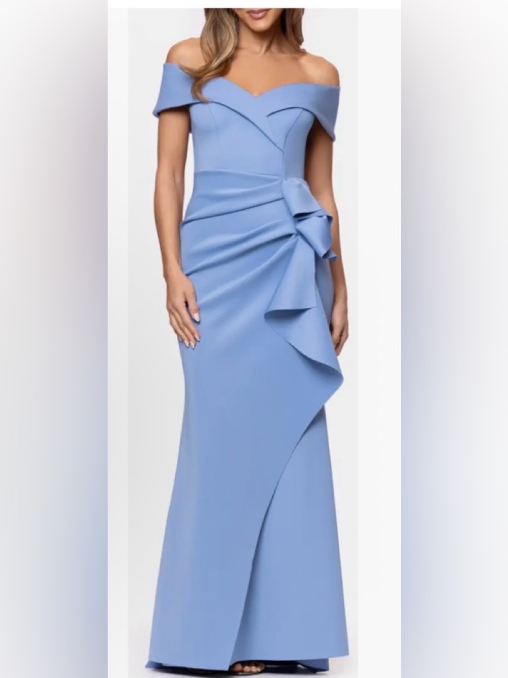 Xscape Off-Shoulder Sky Blue Ruffle Maxi Size 14 P  NWT Current online $278